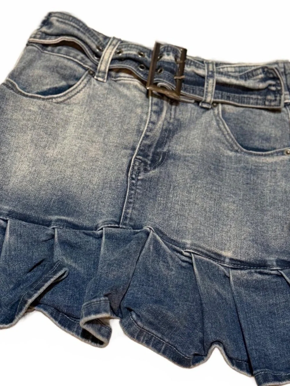 Sexy Fabulous Jeans Size 1 Blue Denim Ruffle Mini Skirt Belted Y2K Skort